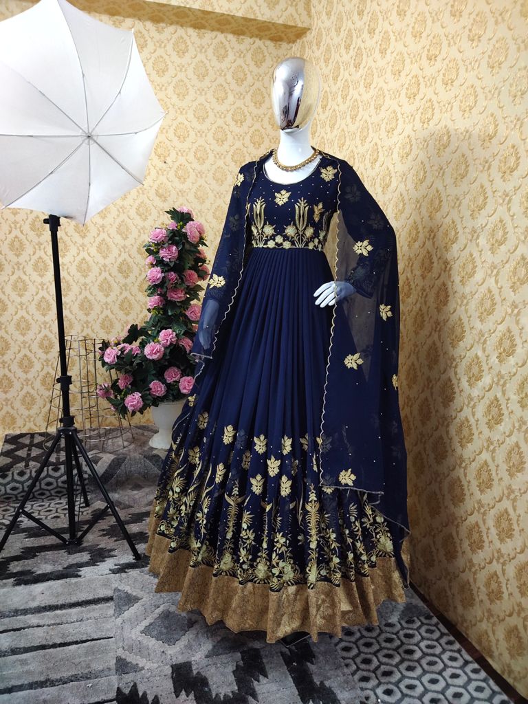 Trendy Party Wear Fancy Embroidery Diamond Jacquard Work Faux Georgette Gown Collection
