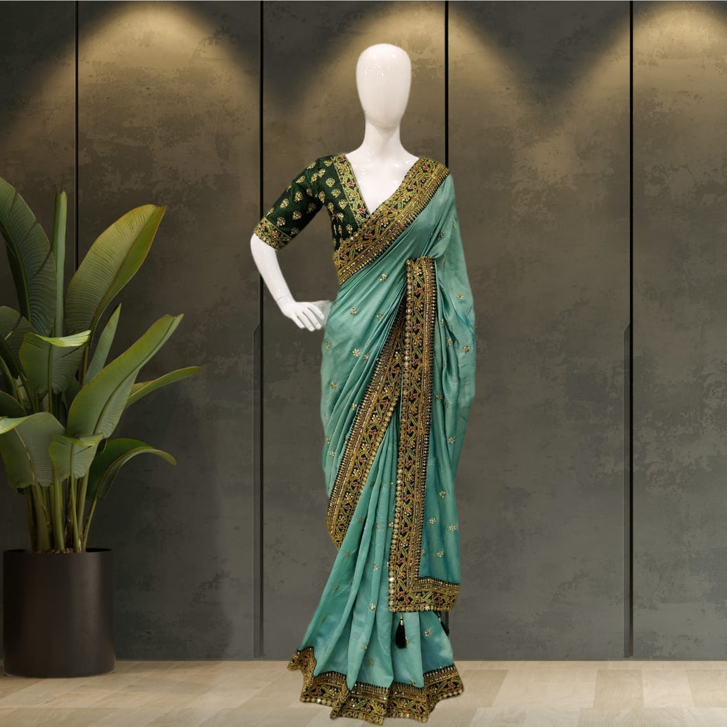 Trending Bottle Green Color Vichitra Silk Embroidery Fancy Sequence Work Party Wear Saree
