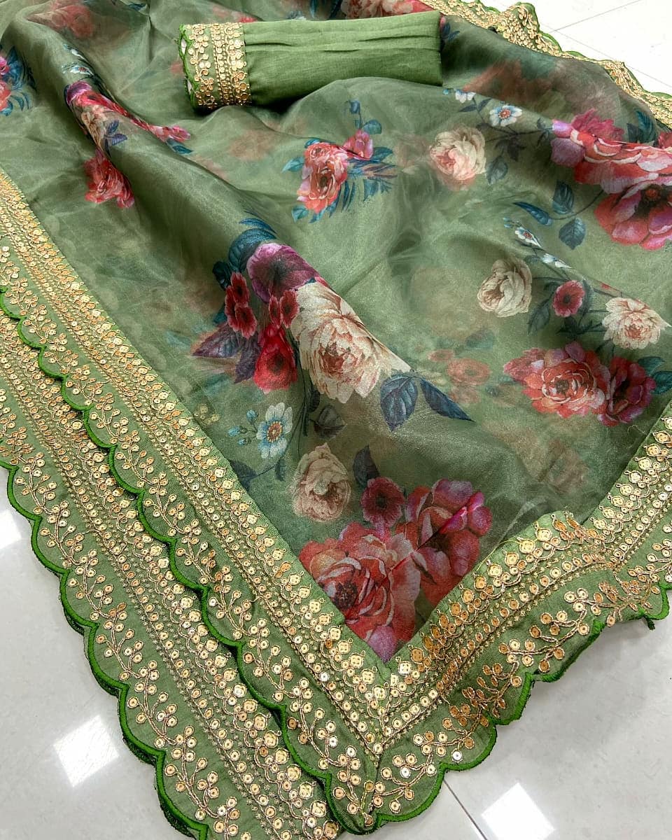Beautiful Organza Silk Floral Printed Sequence Work Wedding Wear Saree Look