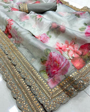 Load image into Gallery viewer, Beautiful Organza Silk Floral Printed Sequence Work Wedding Wear Saree Look
