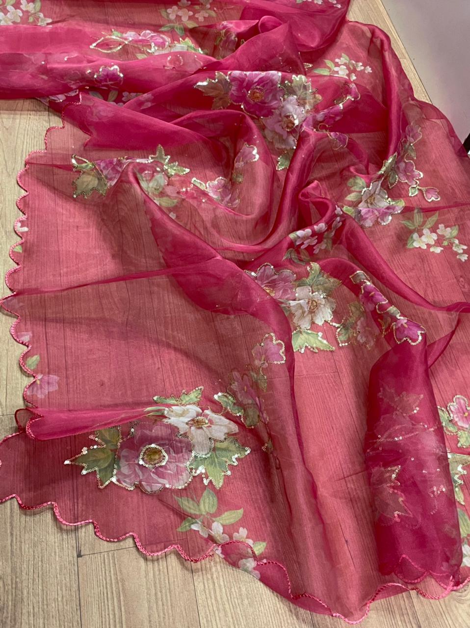 Online Pure Organza Silk Floral Printed Beautiful Sequence Work Wedding Wear Designer Saree