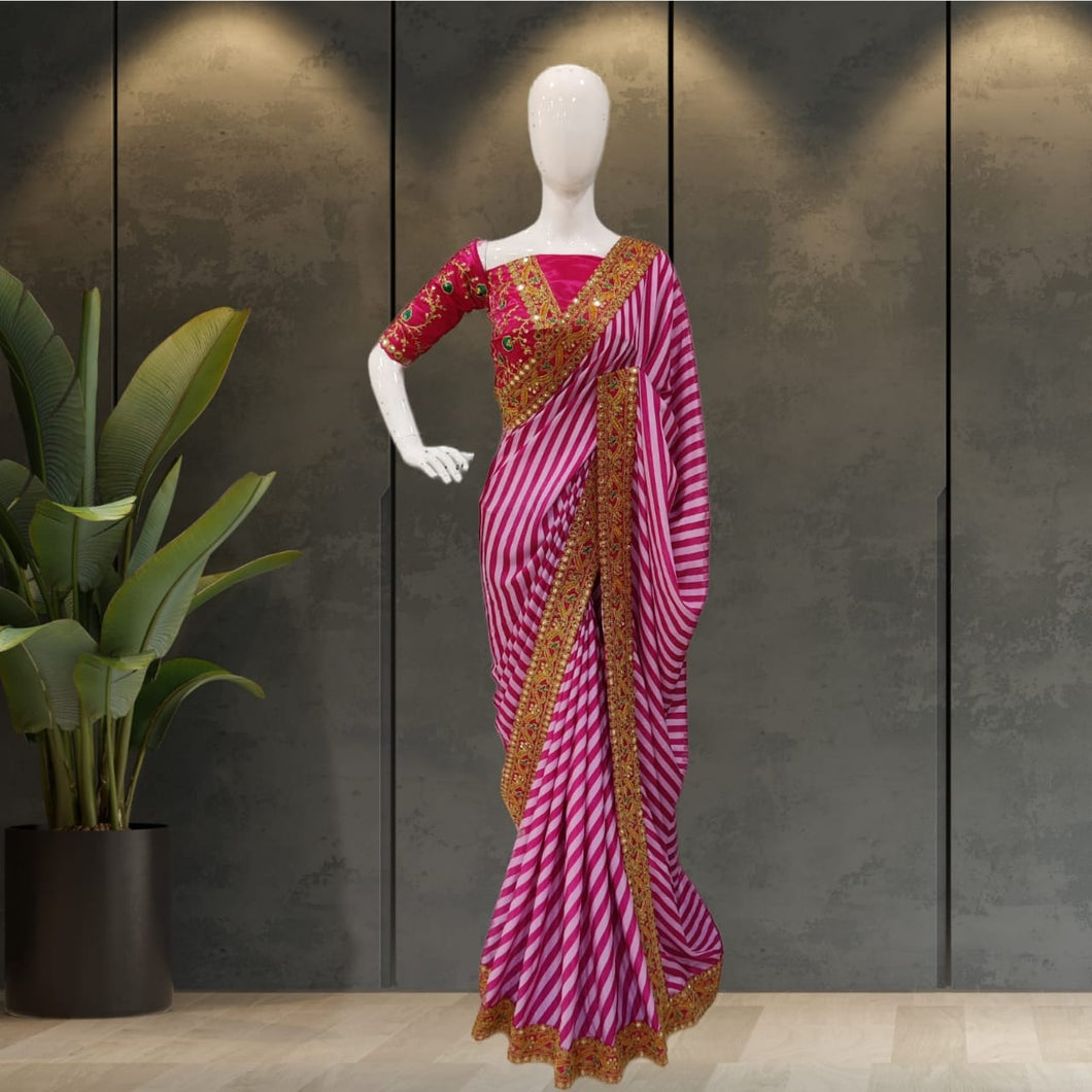 Trending Pure Chinon Silk Zari Embroidery Beautiful Sequence Work Party Wear Rich Pallu Saree