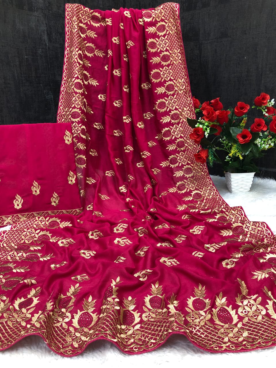 Latest Wedding Wear Pure Vichitra Silk Fancy Embroidery Siroski Work Best Saree Design