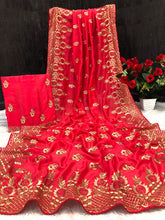 Load image into Gallery viewer, Latest Wedding Wear Pure Vichitra Silk Fancy Embroidery Siroski Work Best Saree Design
