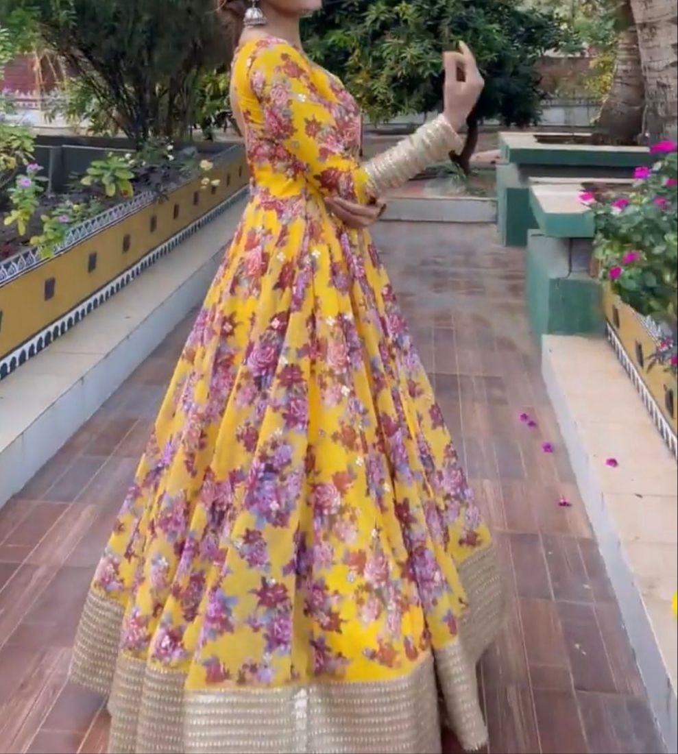 Beautiful Yellow Color Floral Printed Embroidery Sequence Work Faux Georgette Wedding Wear Gown Look