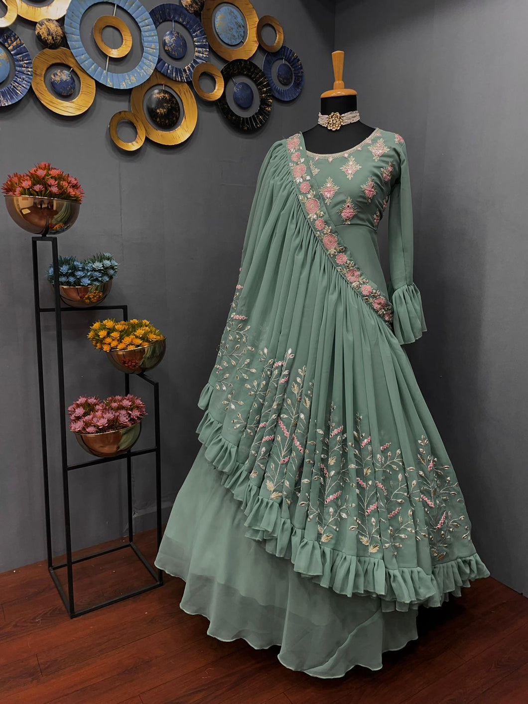 Online Party Wear Georgette Fancy Embroidery Work Designer Reception Bridal Gown