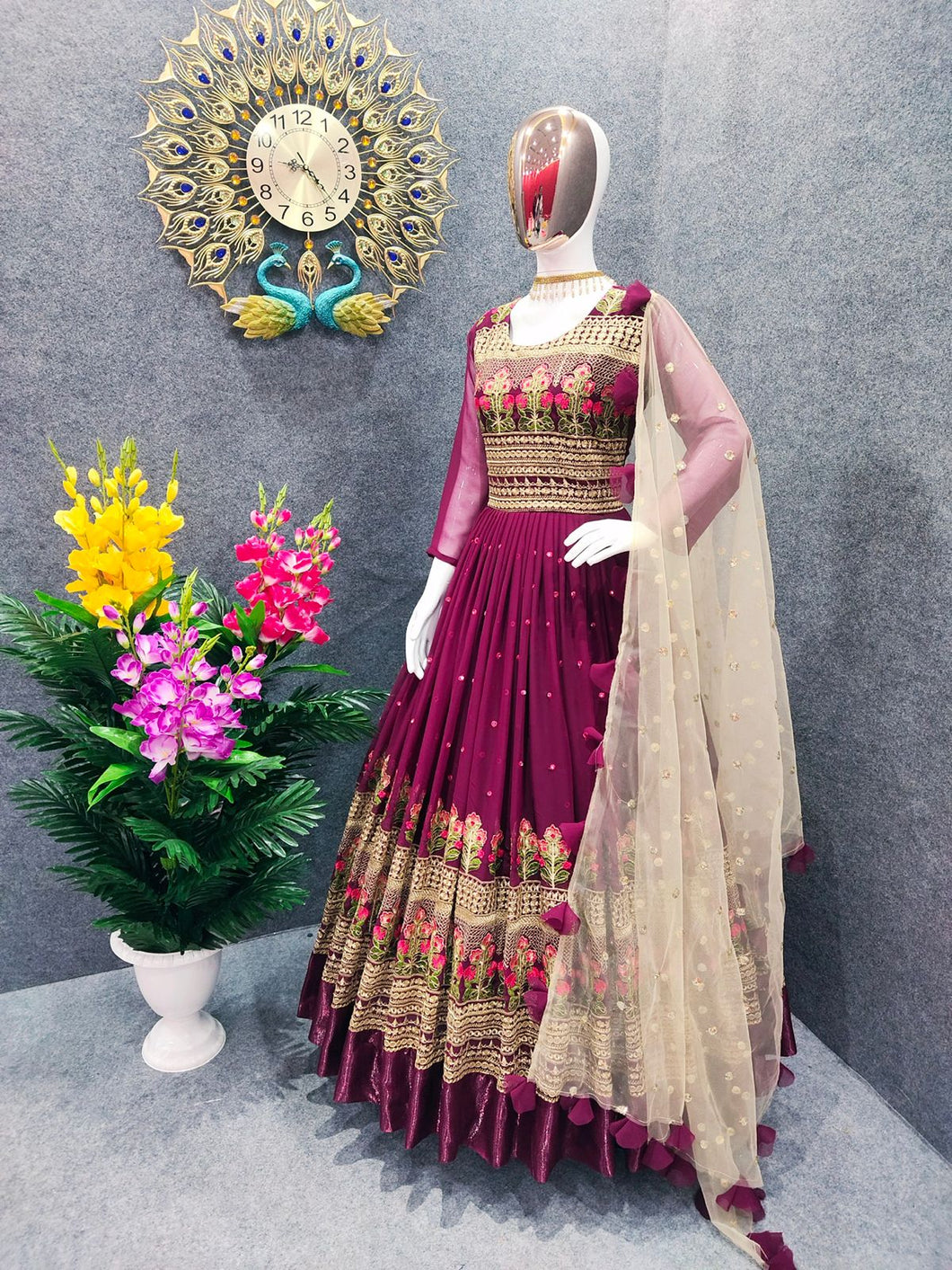 Stylish Party Wear Faux Georgette Heavy Embroidery Real Mirror Work Reception Gown With Dupatta Design