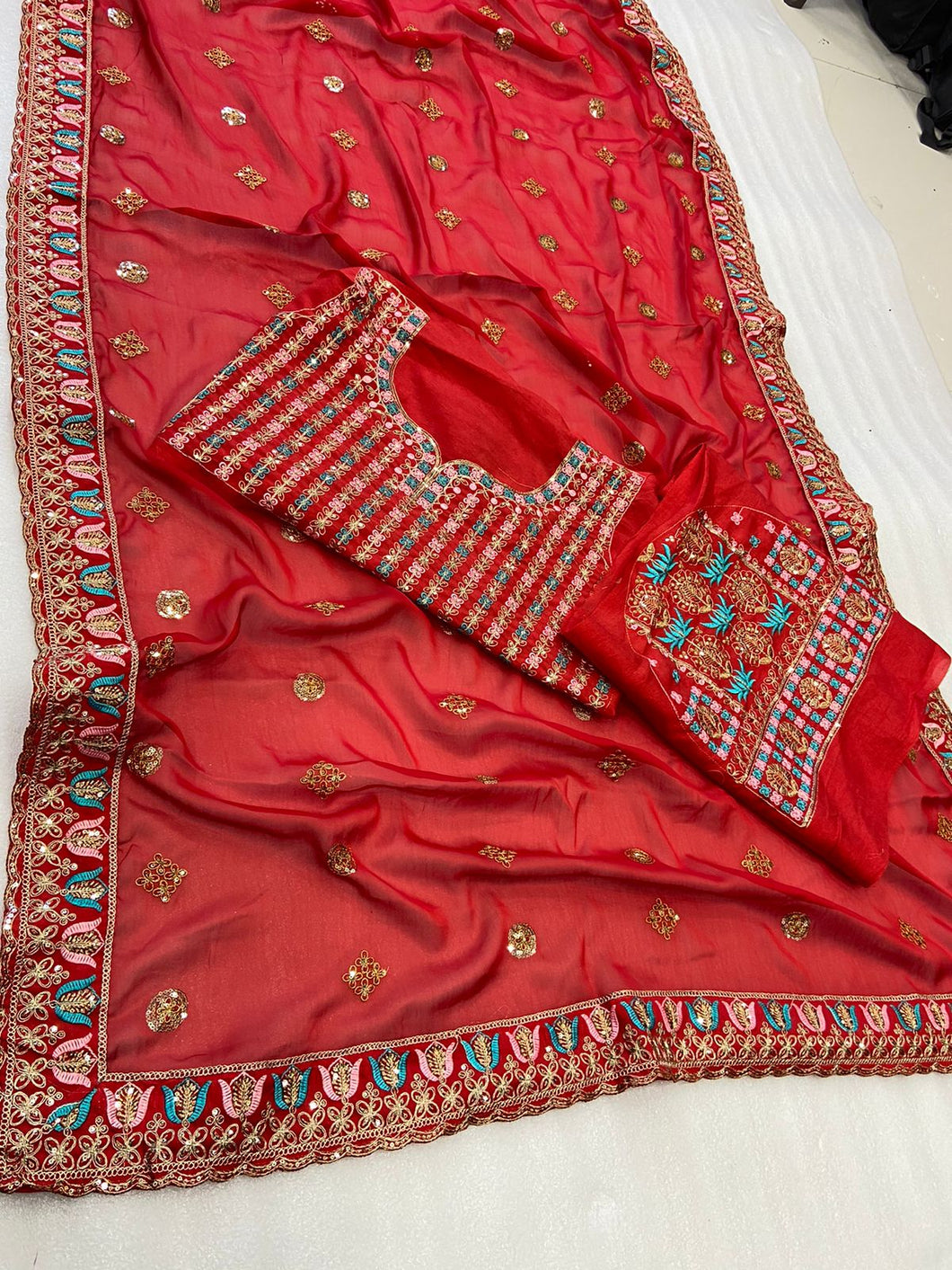 Buy Red Color Wedding Wear Zari Embroidery Sequence Cut Work Rangoli Silk Saree With Blouse Design