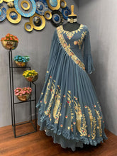 Load image into Gallery viewer, Stylish Party Wear Georgette Embroidery Work Dark Grey Color Long Gown With Designer Dupatta
