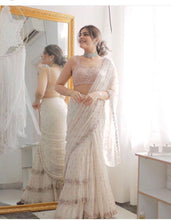 Load image into Gallery viewer, Stylish Party Wear White Color Embroidered n Mirror Work Ruffle Saree With Blouse
