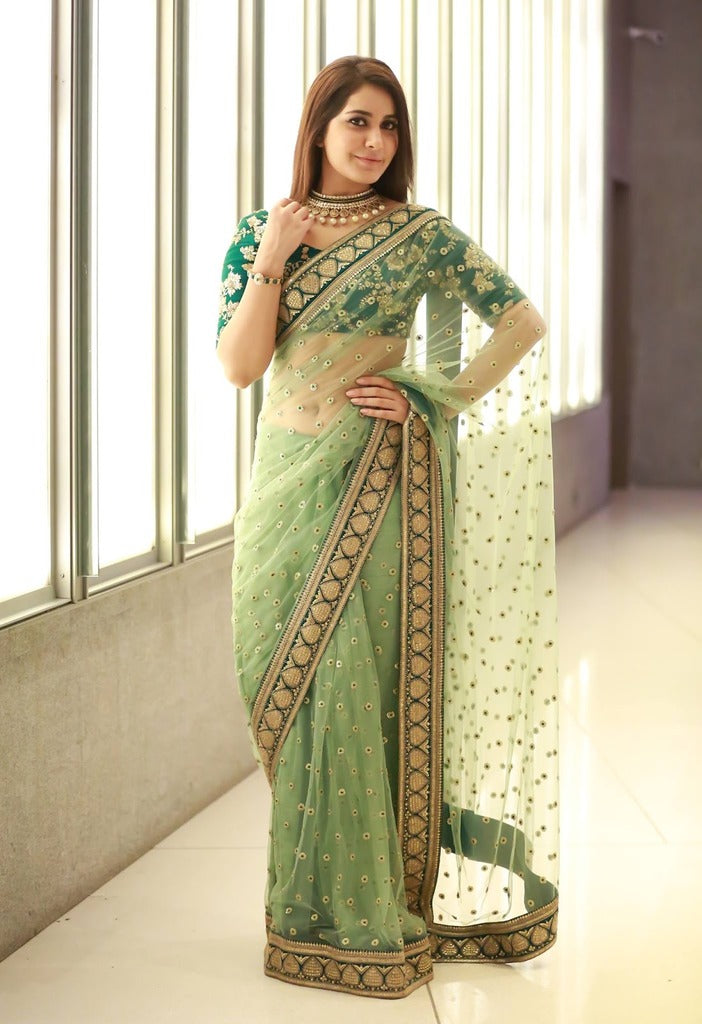 Buy Party Wear Heavy Sequence Work Soft Net Green Color Saree Design