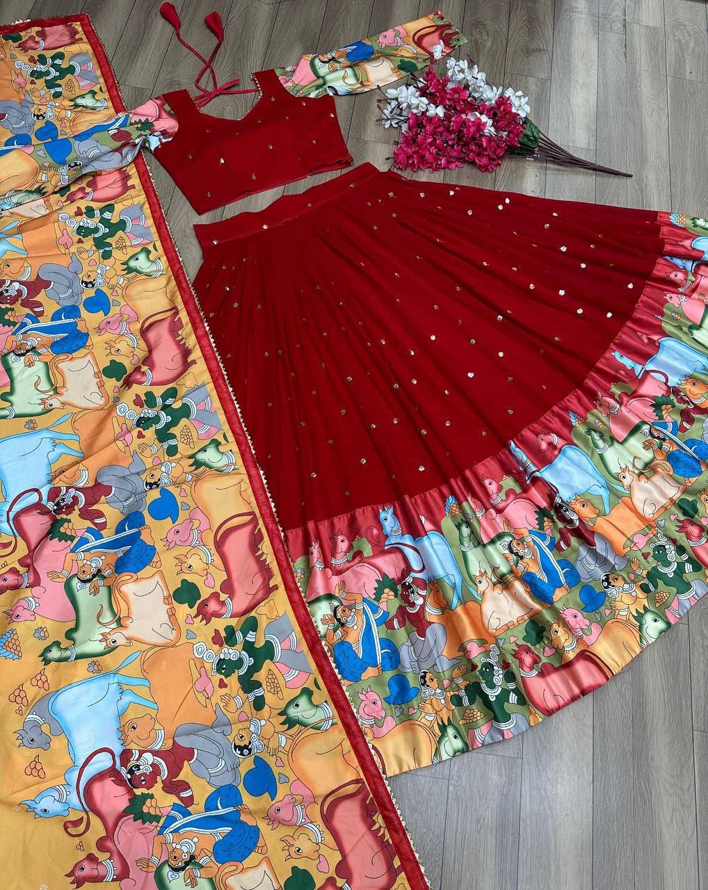 Latest Function Wear Red Color Kalamkari Print With Embroidery Work Fancy Designer Lehenga Choli